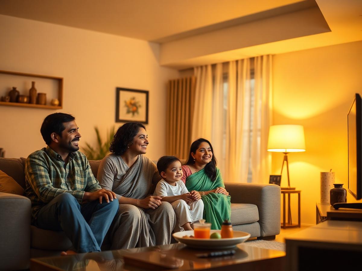Family enjoying lights and TV at home during a power cut using an inverter